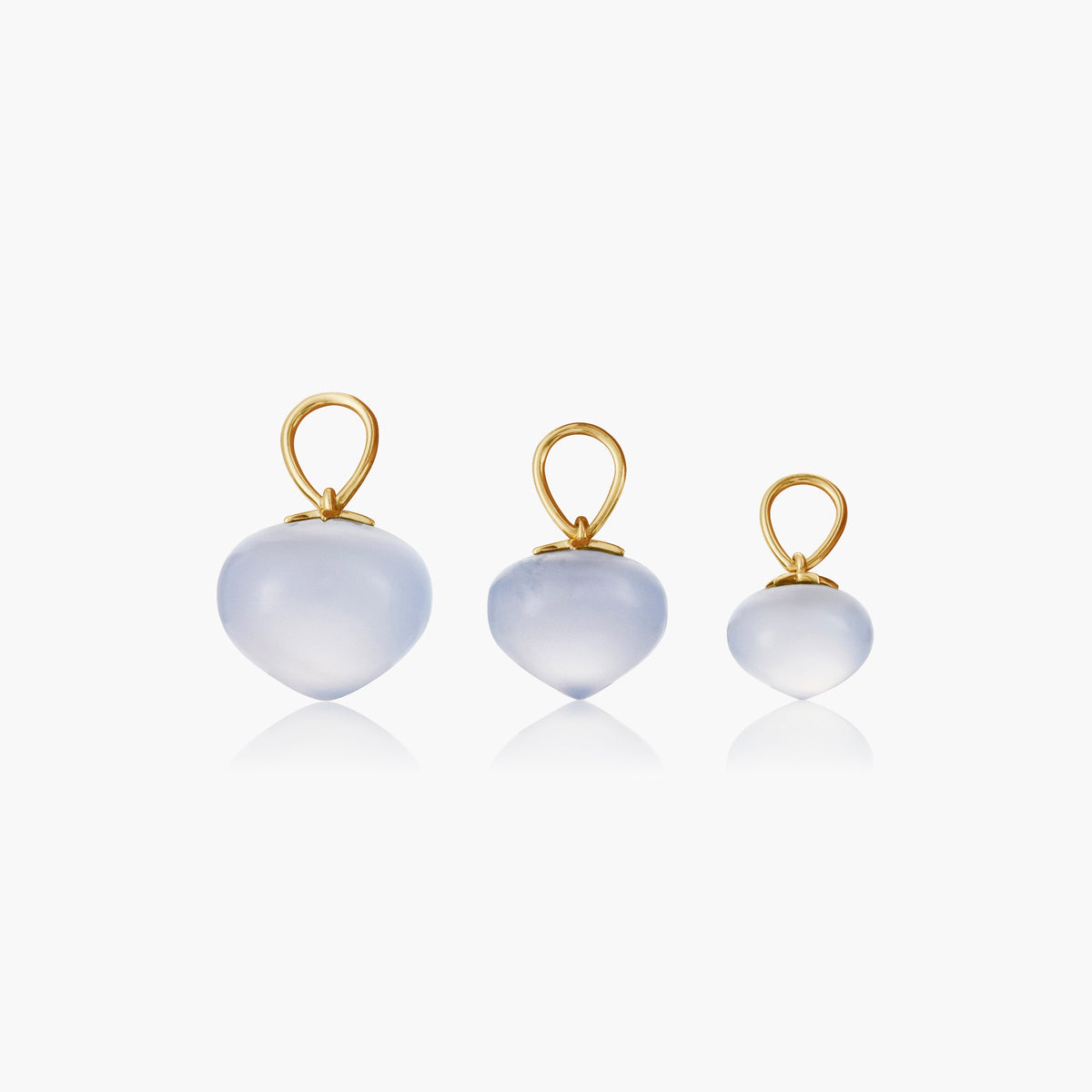 Blue Chalcedony Soul Drop pendants in 14ct yellow gold, three sizes