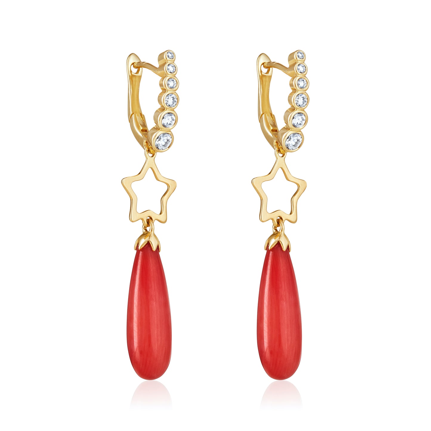Magic Wish 18ct Yellow Gold, Diamond & Coral Short Drop Earrings with Open Star