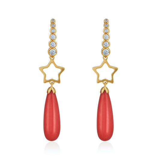 Magic Wish 18ct Yellow Gold, Diamond & Coral Short Drop Earrings with Open Star