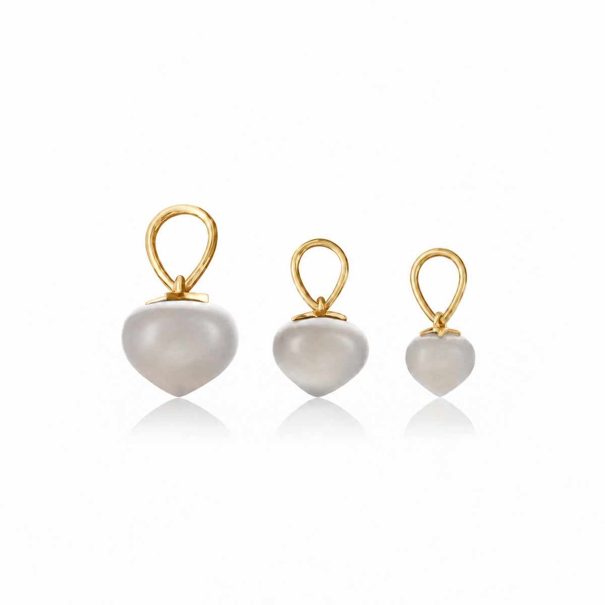 Grey Moonstone Soul Drop pendants in 14ct yellow gold, group