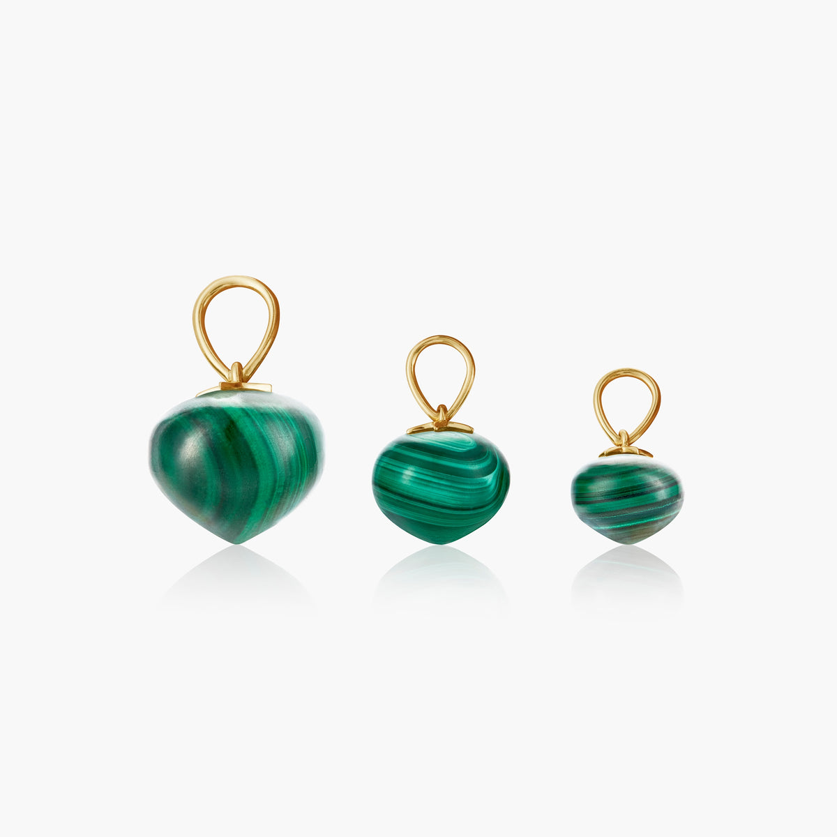 Malachite Soul Drop pendants in 14ct yellow gold, group