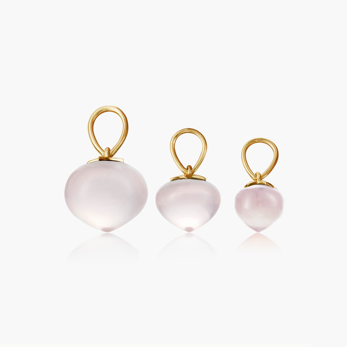 Rose Quartz Soul Drop pendants in 14ct yellow gold, group