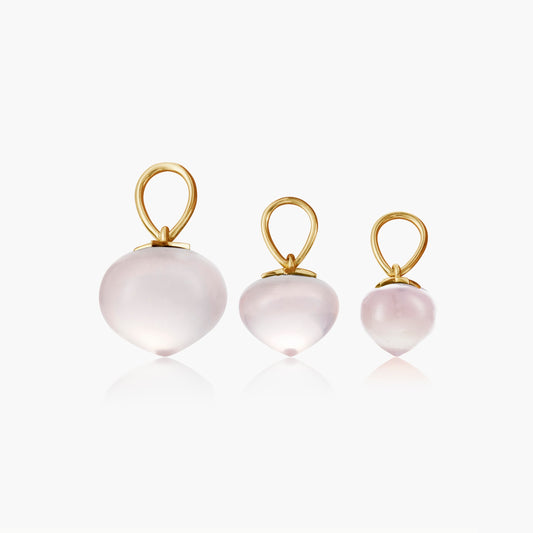 Rose Quartz Soul Drop pendants in 14ct yellow gold, group